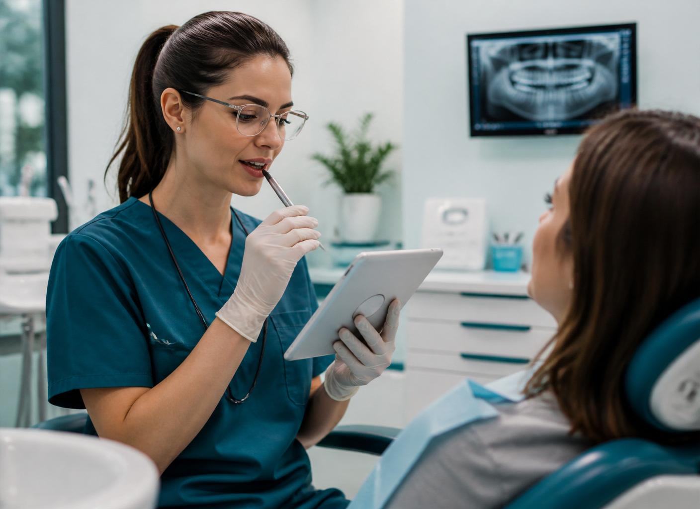 Doctora atendiendo a paciente y dictando notas clínicas a la IA en una tablet